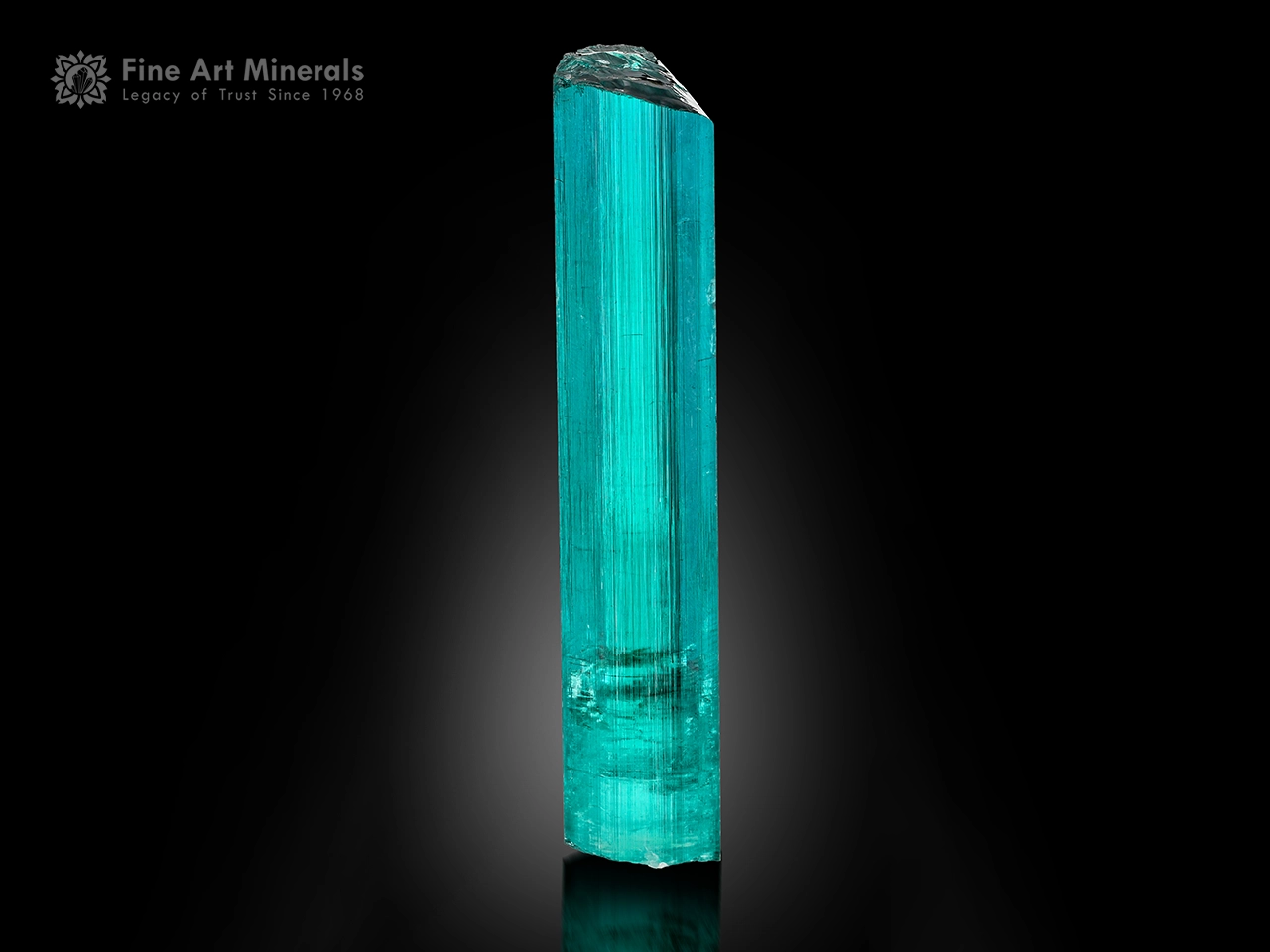 Lagoon-blue Tourmaline crystal from Kana Karay Mine with exceptional transparency, gem quality, and sharp natural termination.